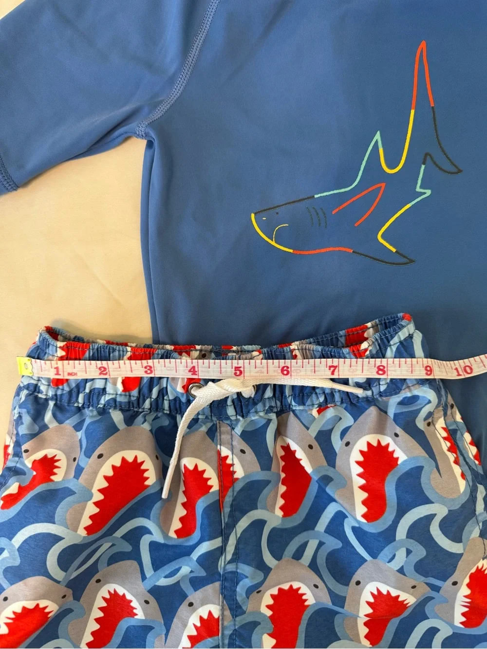 Hanna Andersson Blue Shark Rash Guard & Shark-Print Swim Trunks // 3T Boys